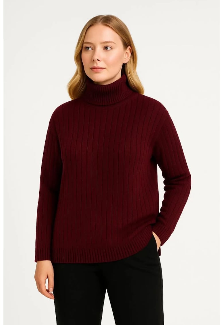 Pulover tricotat guler inalt - nervuri groase - roz - bumbac si poliester -