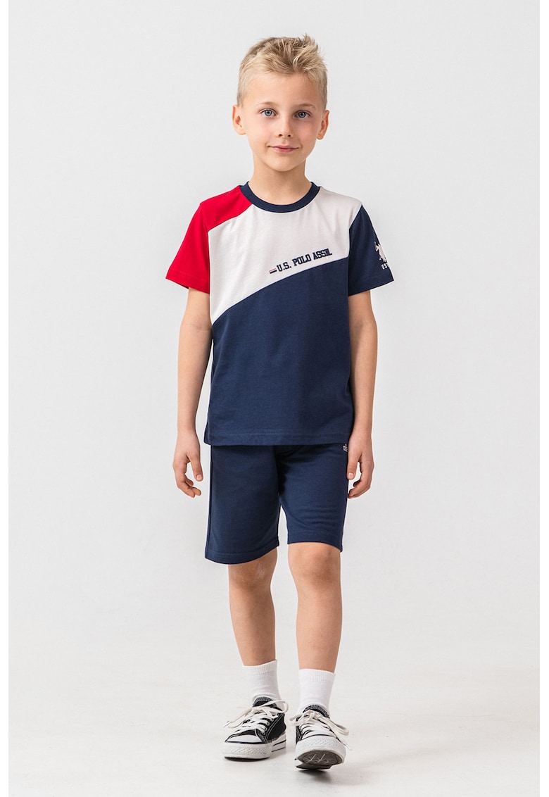 Trening scurt din bumbac cu model colorblock - Rosu/Alb/Bleumarin