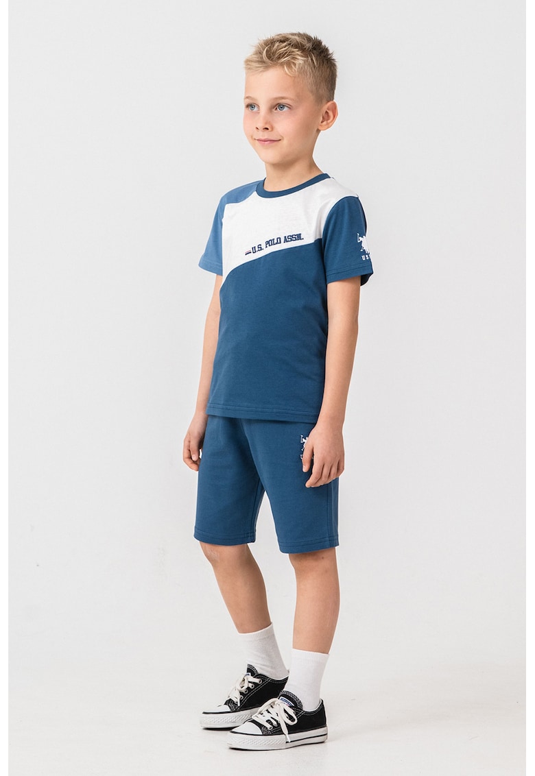 Trening scurt din bumbac cu imprimeu logo - Alb/Albastru inchis