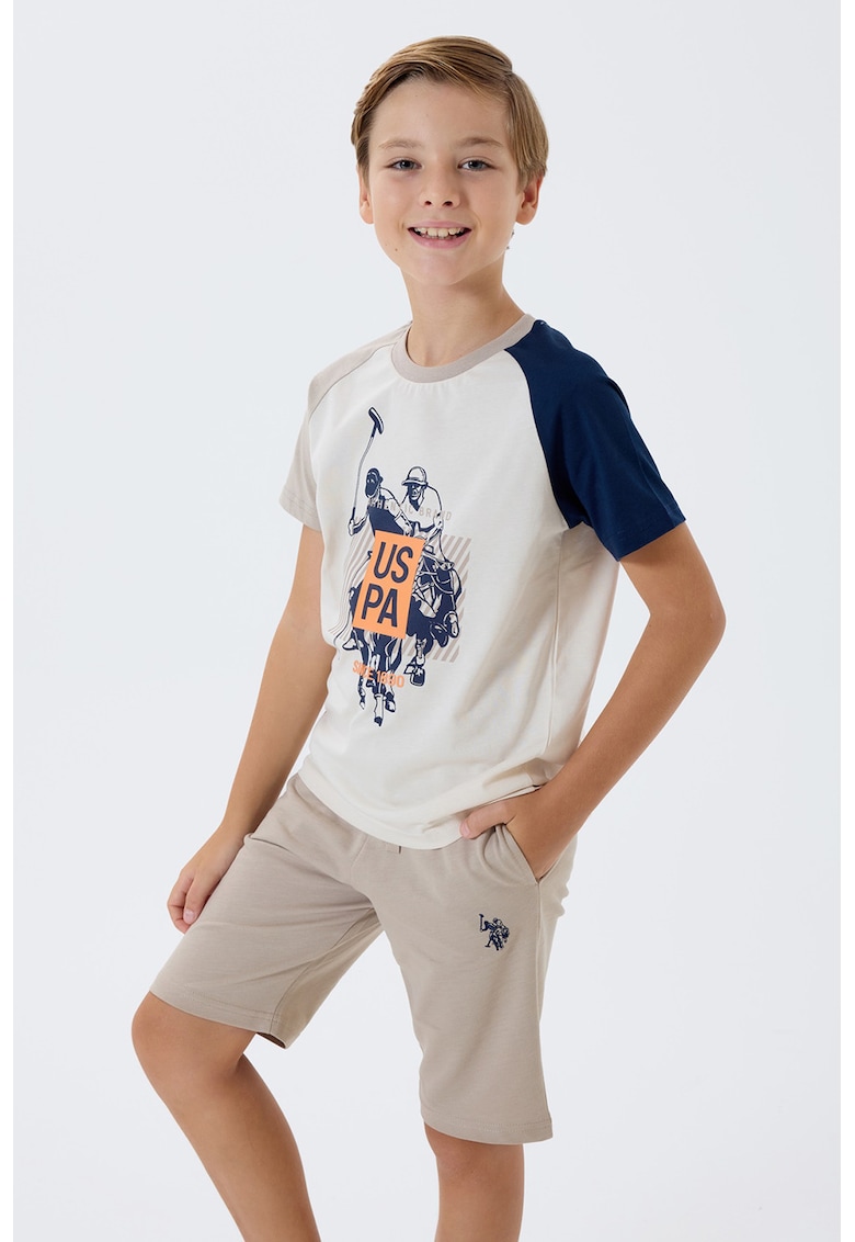 Trening scurt cu imprimeu logo pe piept - Alb/Bej deschis/Bleumarin