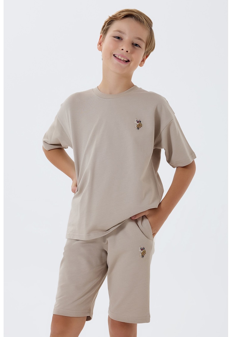 Trening scurt din bumbac cu broderie logo discreta - Maro taupe deschis