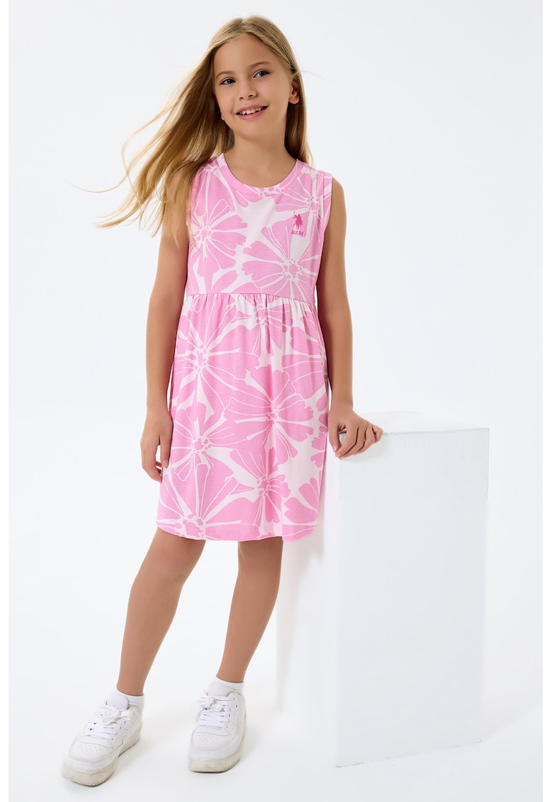 Rochie evazata cu model floral si decolteu rotund - Alb/Roz pastel