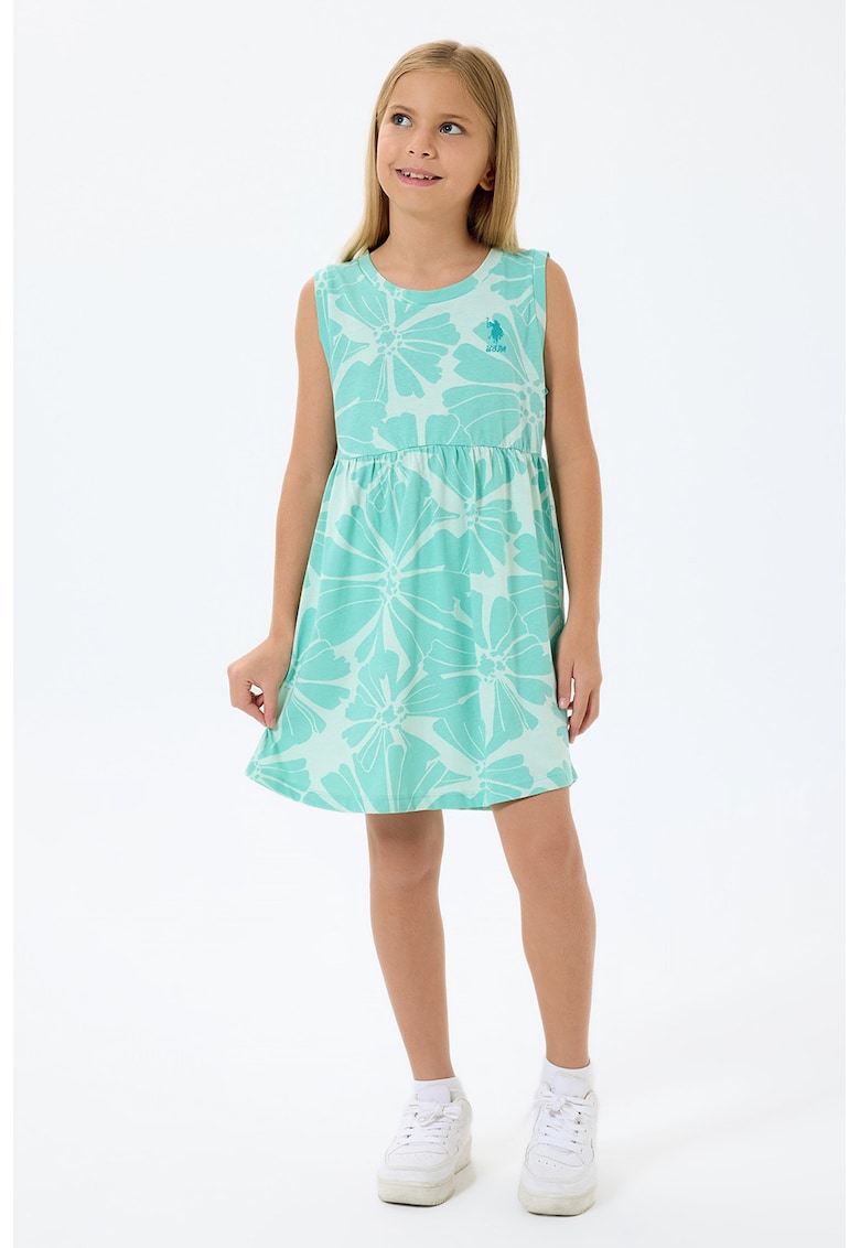 Rochie evazata fara maneci cu model floral - Turcoaz/Alb murdar