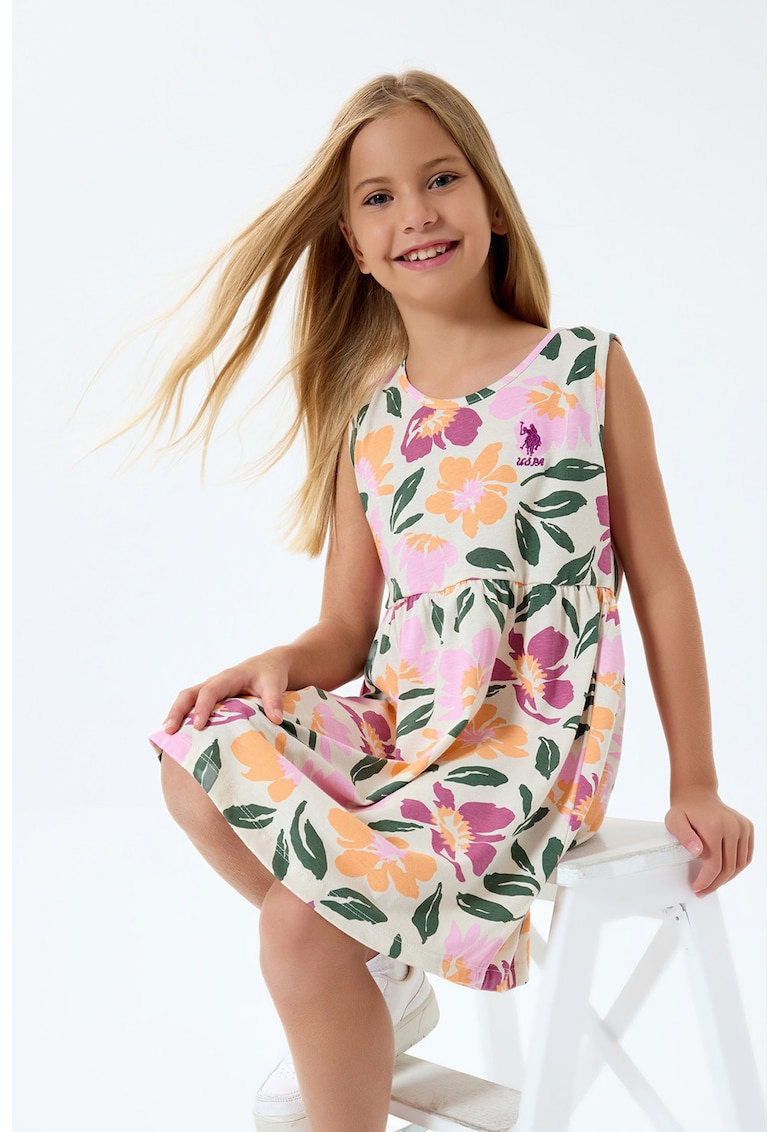 Rochie fara maneci cu model floral - Portocaliu pal/Verde englez/Bej deschis