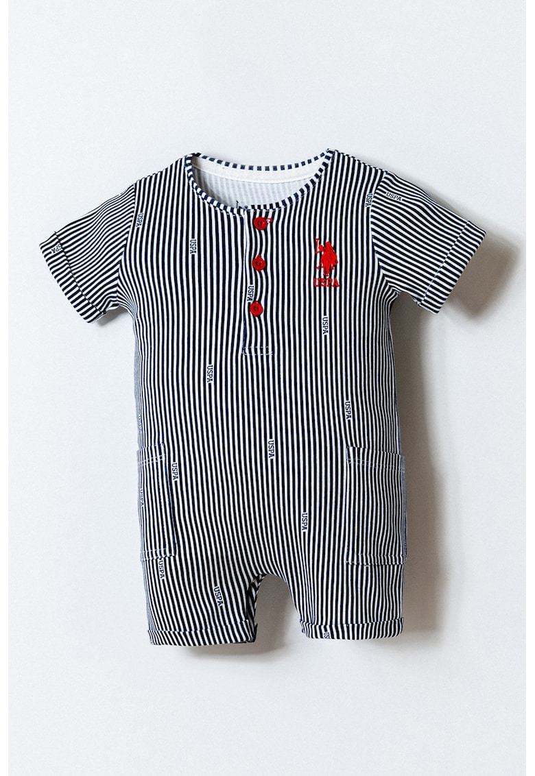 Salopeta cu maneci scurte si model in dungi - Rosu/Alb/Bleumarin