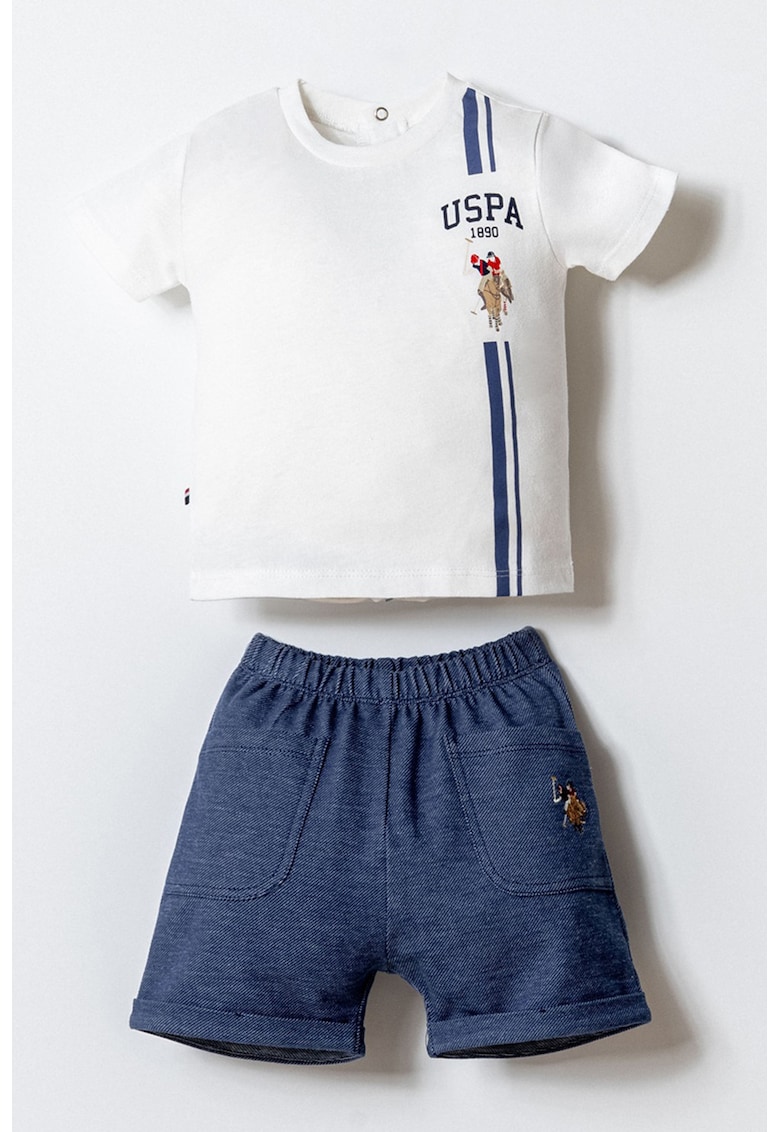 Set de pantaloni scurti si tricou cu logo - 2 piese - Alb/Albastru inchis melange