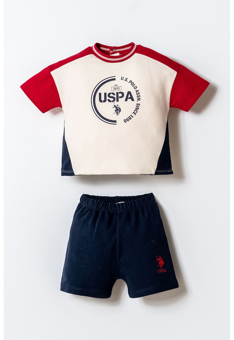 Set de tricou cu imprimeu si pantaloni scurti - 2 piese - Alb fildes/Rosu inchis/Bleumarin