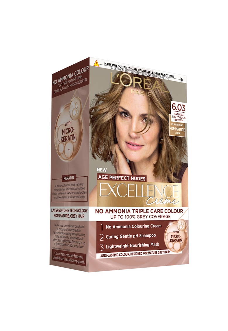 Vopsea de par permanenta fara amoniac Excellence Creme Age Perfect Nudes 6.03 Saten Auriu Deschis Natural - conceputa pentru parul matur carunt - intareste si hraneste parul - 192 ml - 192 ml