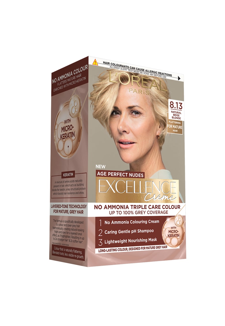 Vopsea de par permanenta fara amoniac Excellence Creme Age Perfect Nudes 8.13 Blond Bej Natural - conceputa pentru parul matur carunt - intareste si hraneste parul - 192 ml - 192 ml