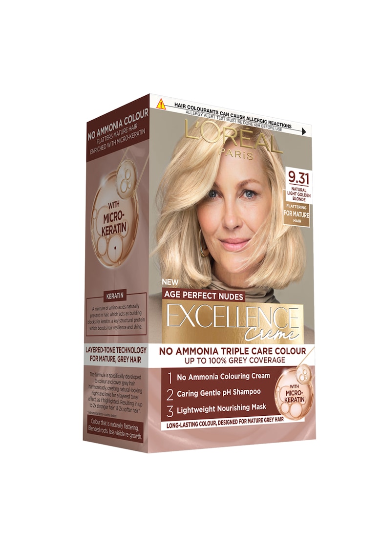 Vopsea de par permanenta fara amoniac Excellence Creme Age Perfect Nudes 9.31 Blond Auriu Deschis Natural - conceputa pentru parul matur carunt - intareste si hraneste parul - 192 ml - 192 ml
