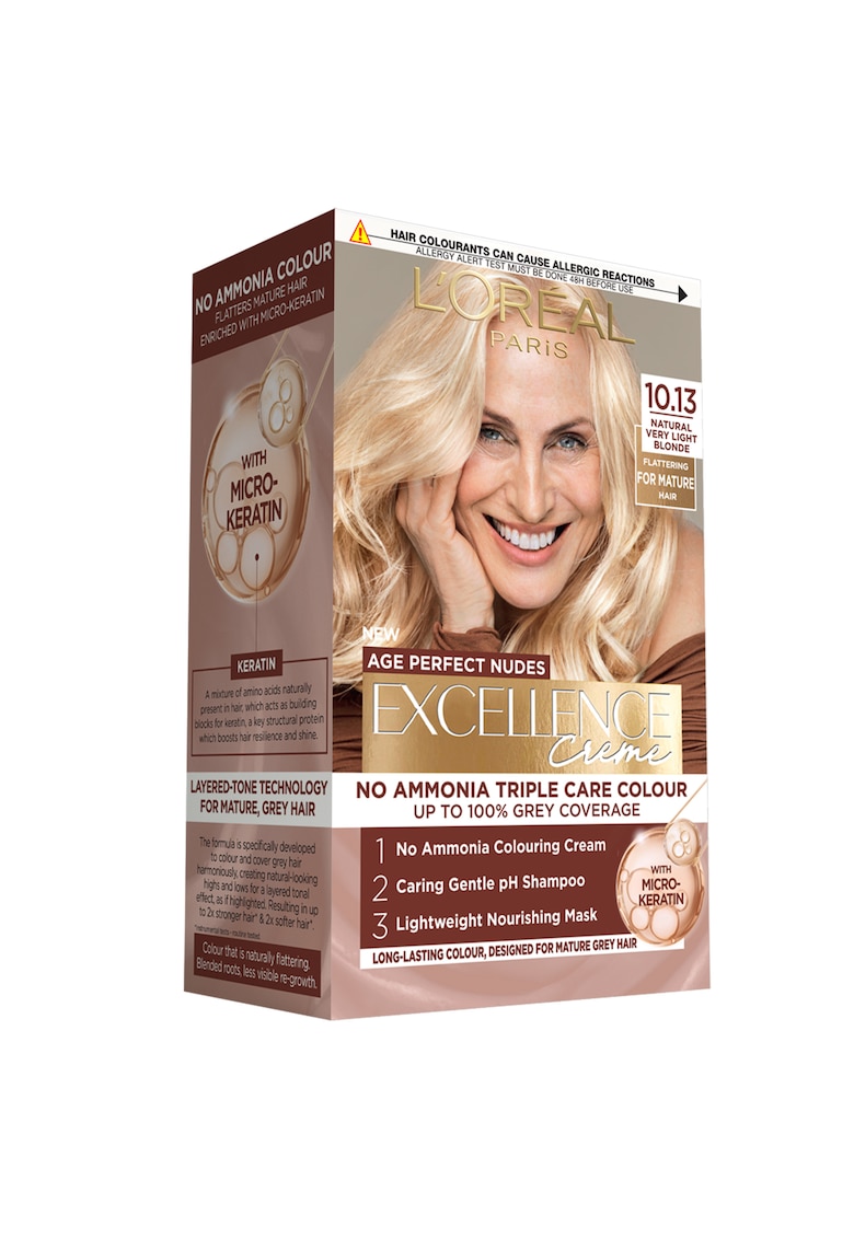 Vopsea de par permanenta fara amoniac Excellence Creme Age Perfect Nudes 10.13 Blond Foarte Deschis Natural - conceputa pentru parul matur carunt - intareste si hraneste parul - 192 ml - 192 ml