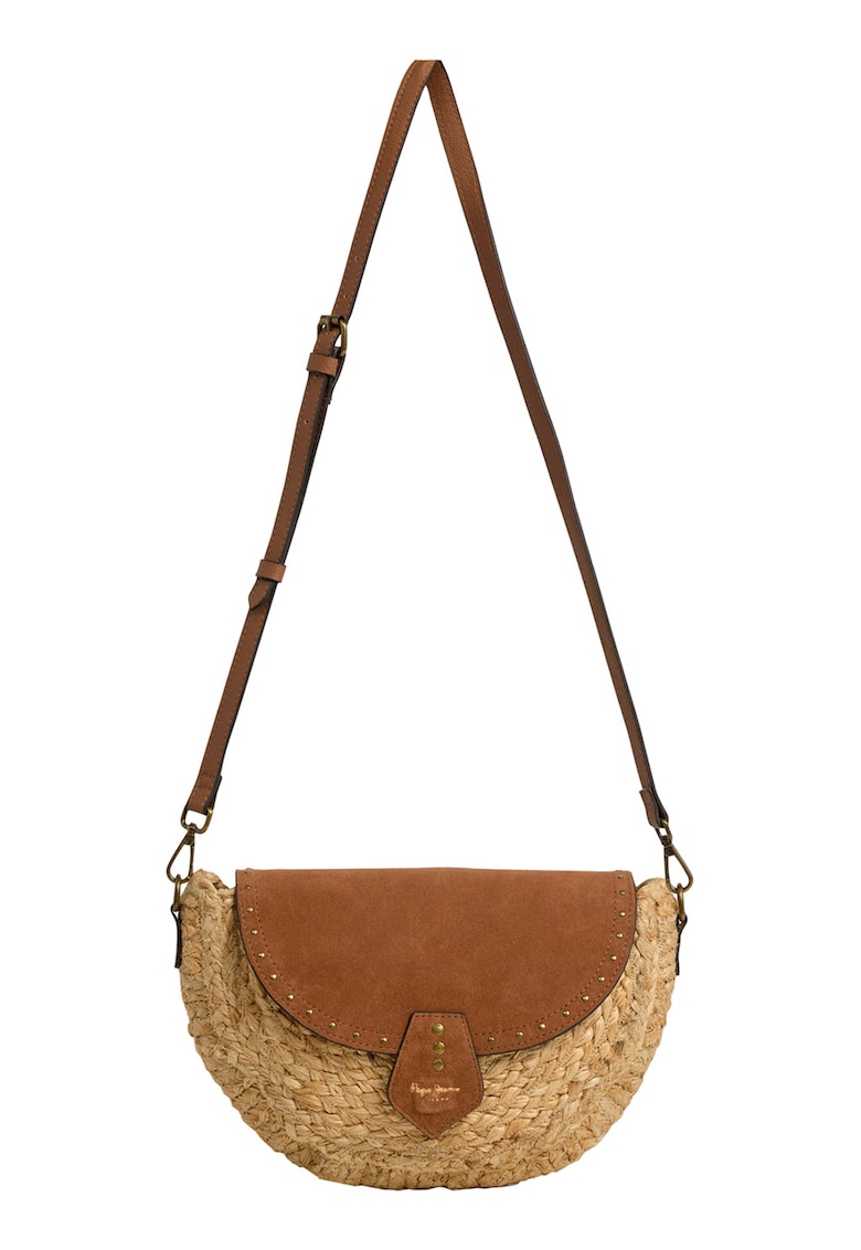 Geanta crossbody cu clapa din piele intoarsa Jute - Maro/Galben pai