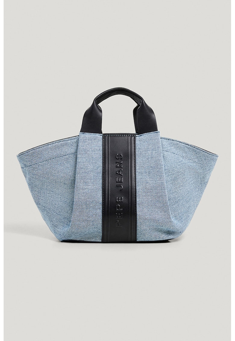 Geanta din material textil cu bareta de umar si garnitura din material sintetic cu logo - Albastru pastel/Negru