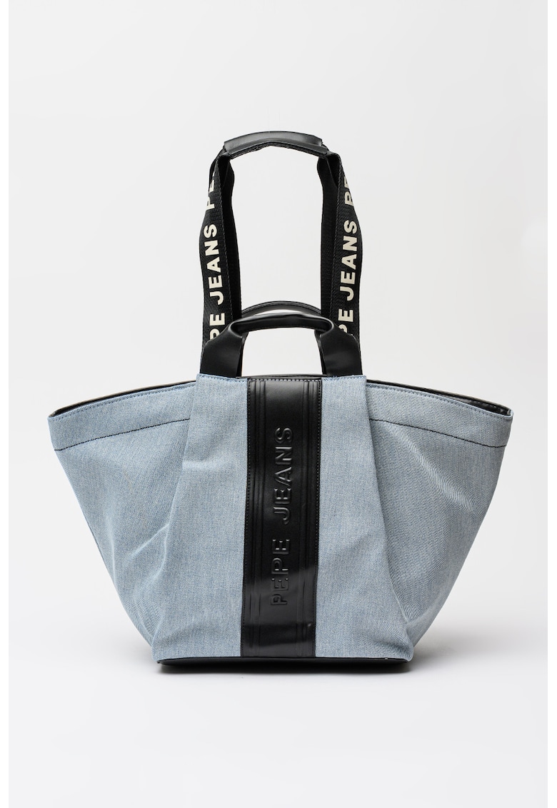 Geanta shopper cu logo in relief Ariadna - Negru/Albastru deschis