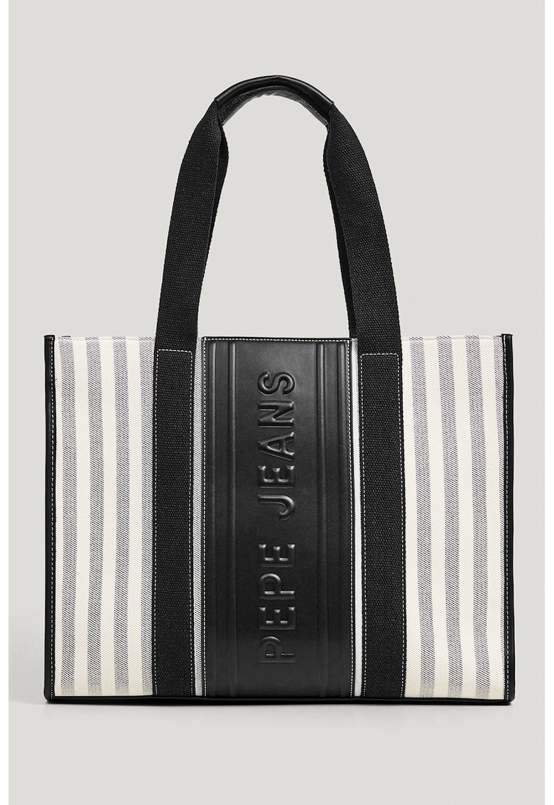 Geanta tote cu model in dungi si logo din piele ecologica - Negru/Galben pai