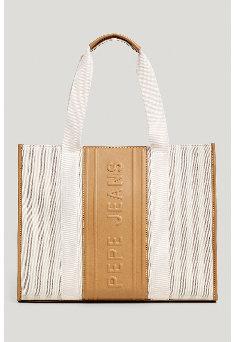 Geanta tote cu model in dungi si logo din piele ecologica - Negru/Bej deschis