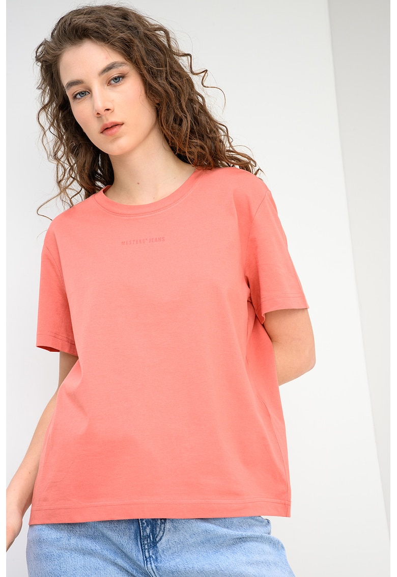 Tricou cu decolteu la baza gatului si logo Floris - Roz deschis prafuit