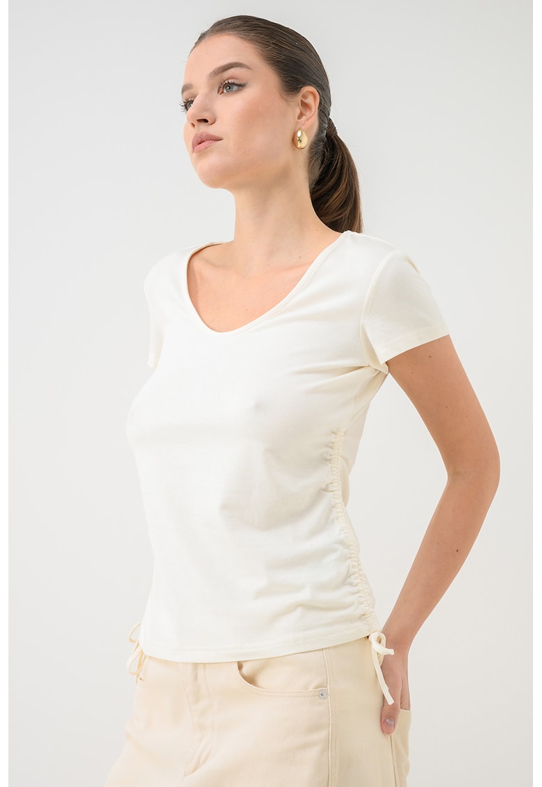 Tricou din amestec de modal cu decolteu patrat Mexia - Crem