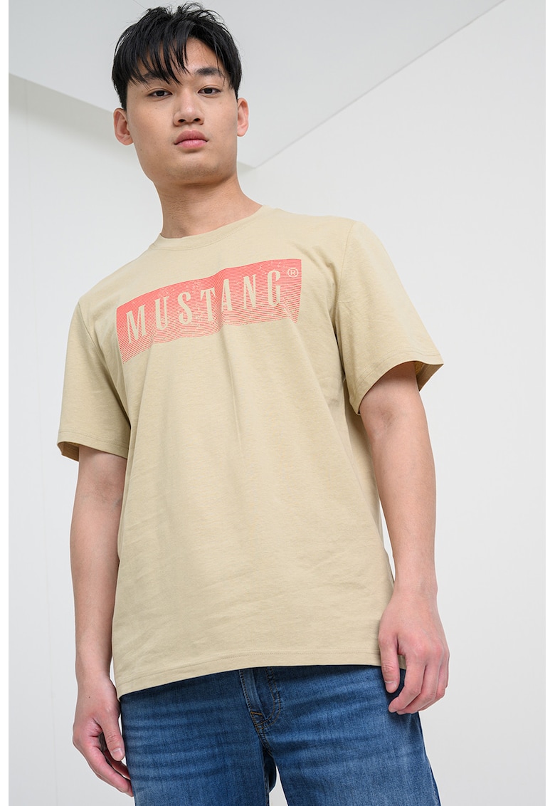 Tricou cu decolteu la baza gatului si imprimeu logo Austin - Bej inchis