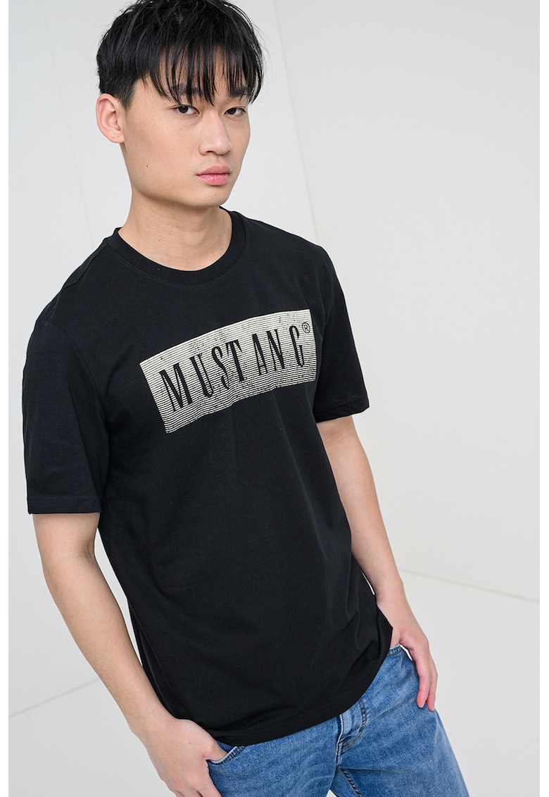 Tricou cu decolteu la baza gatului si imprimeu logo Austin - Negru antracit