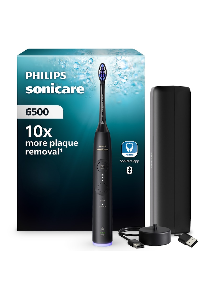 Periuta de dinti electrica HX7411/10 - 62.000 miscari/minut - autonomie 21 zile - 3 moduri de periere -3 intensitati - senzor presiune luminos - functia BrushSync - capat de periere Senstive - toc transport - negru