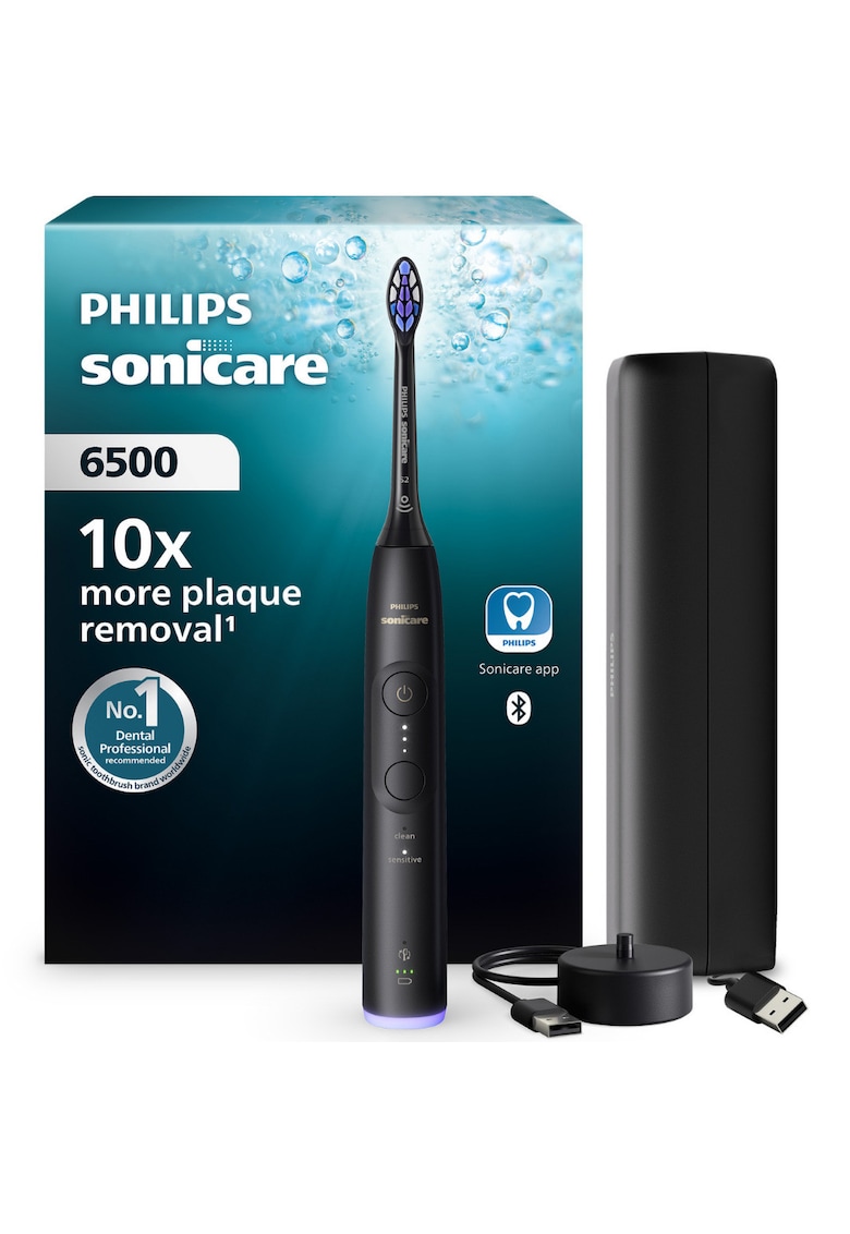 Periuta de dinti electrica HX7411/10 - 62.000 miscari/minut - autonomie 21 zile - 3 moduri de periere -3 intensitati - senzor presiune luminos - functia BrushSync - capat de periere Senstive - toc transport - negru