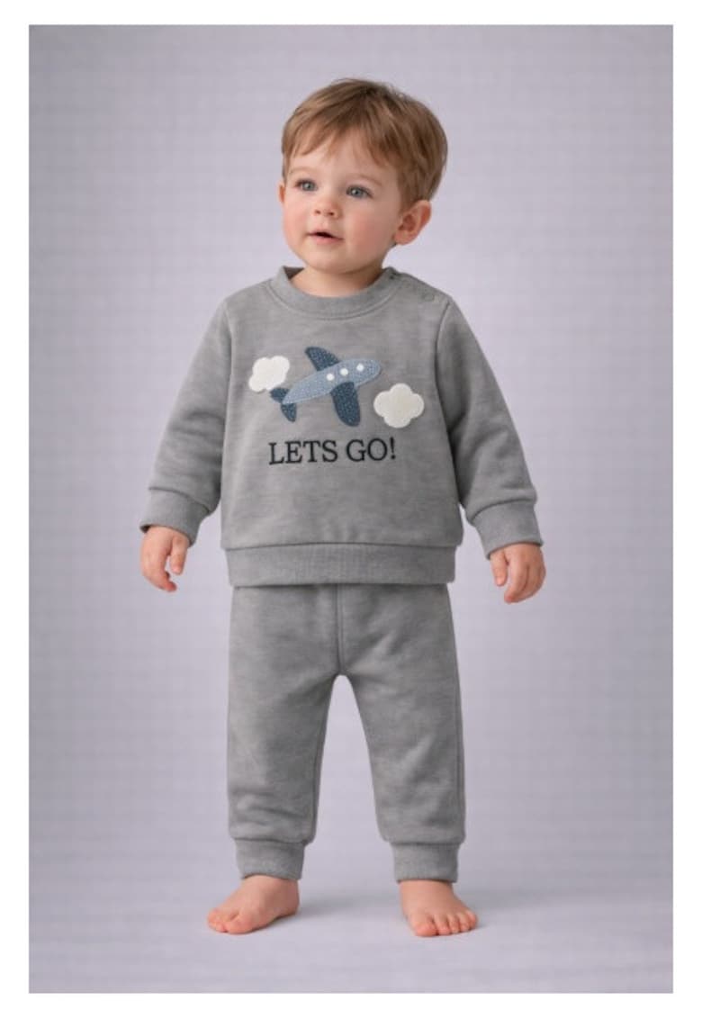 Set bebelusi baby go cu imprimare avion – bumbac confortabil - Gri