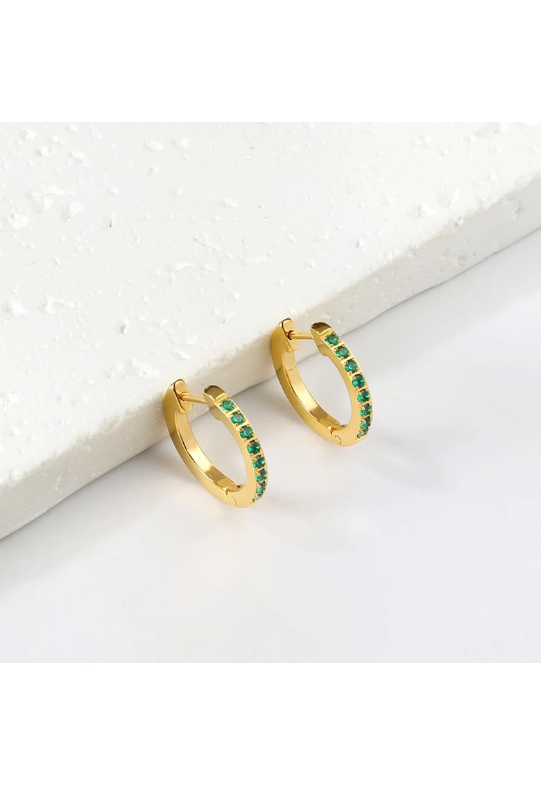 Cercei aurii - din otel inoxidabil - suflati cu aur 18k - rotunzi - cu pietre verzi din zirconiu - Kleo C2