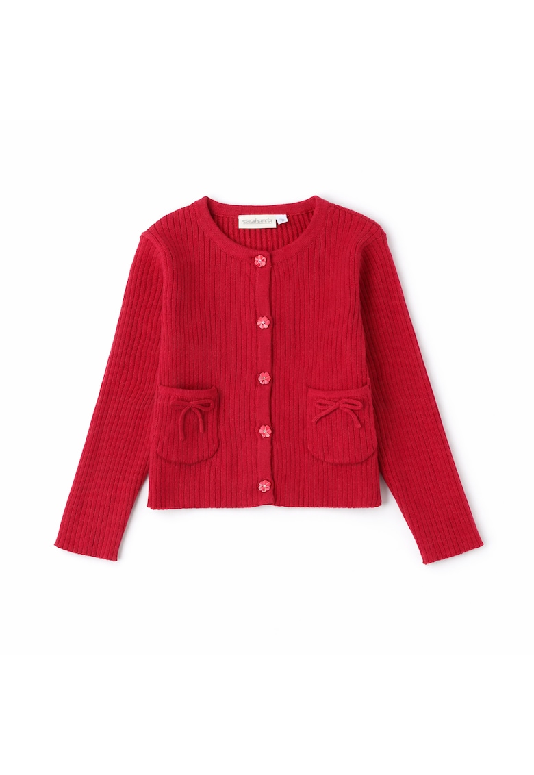Cardigan fete din tricot cu striatii - cu buzunare si fundite decorative nasturi cu strasuri Rosu