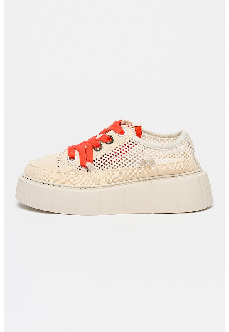 Pantofi sport flatform din piele cu insertii de plasa - Rosu/Crem
