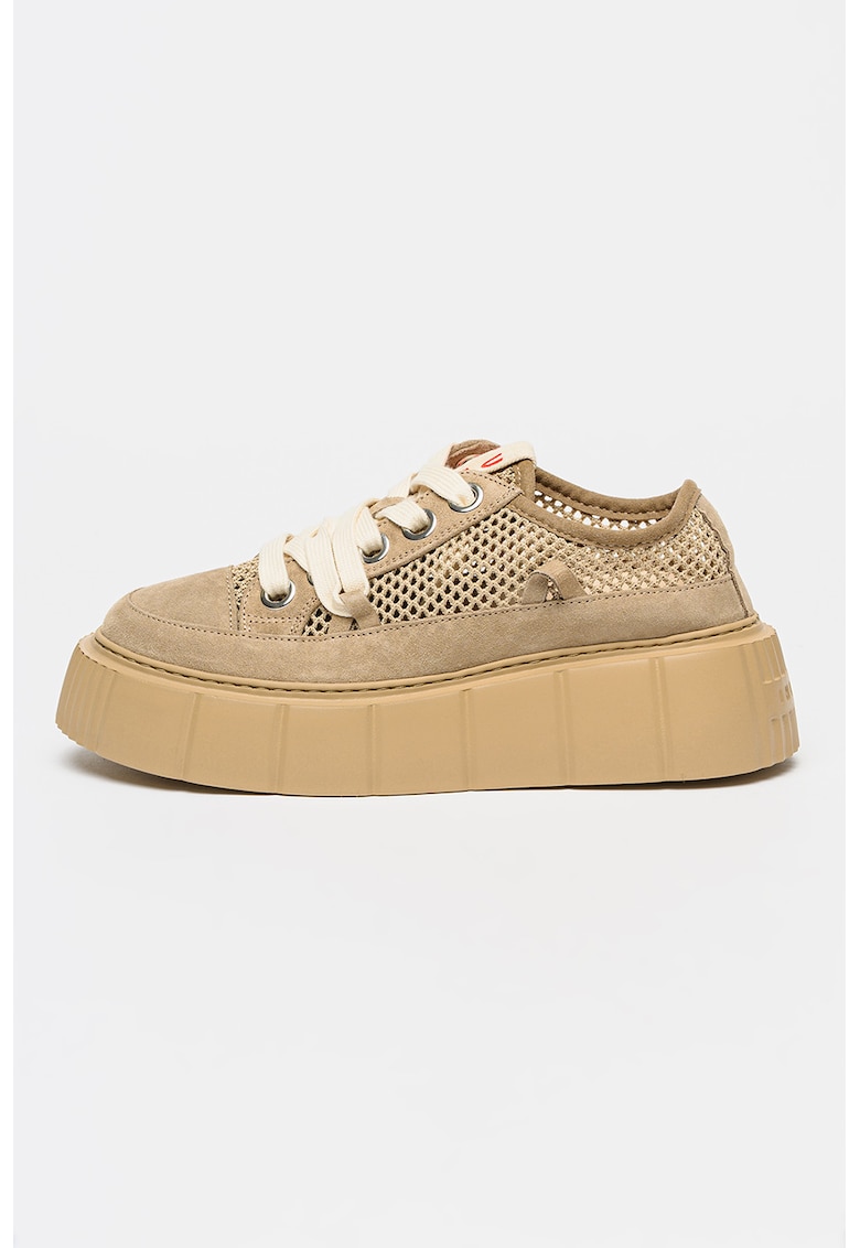 Pantofi sport flatform din piele cu insertii de plasa - Bej