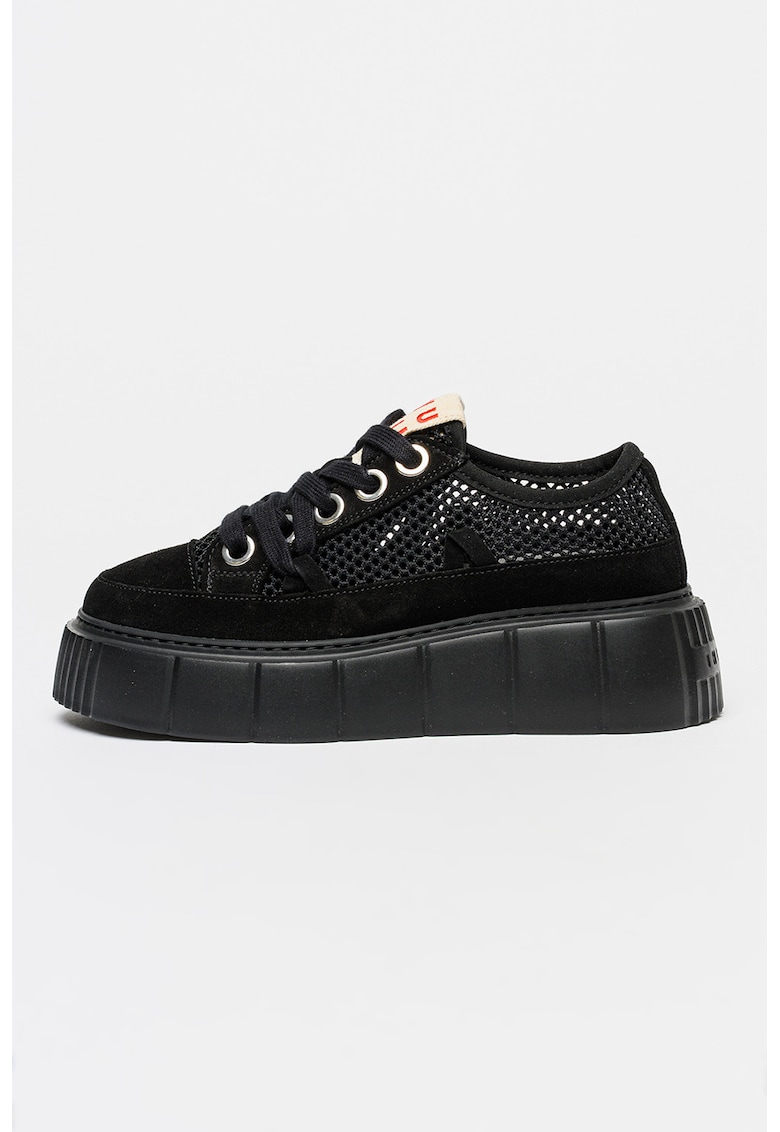 Pantofi sport flatform din piele cu insertii de plasa - Negru