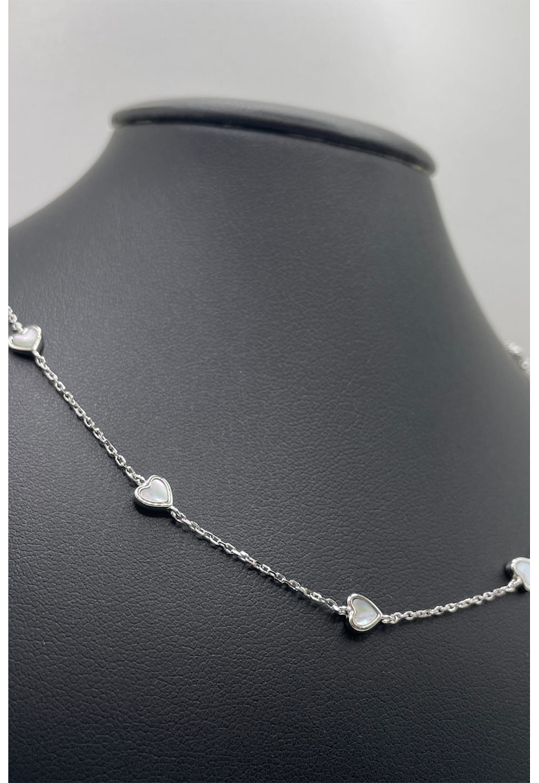 Colier din argint veritabil cu inimi Mother of Pearl - Alb rece/Argintiu