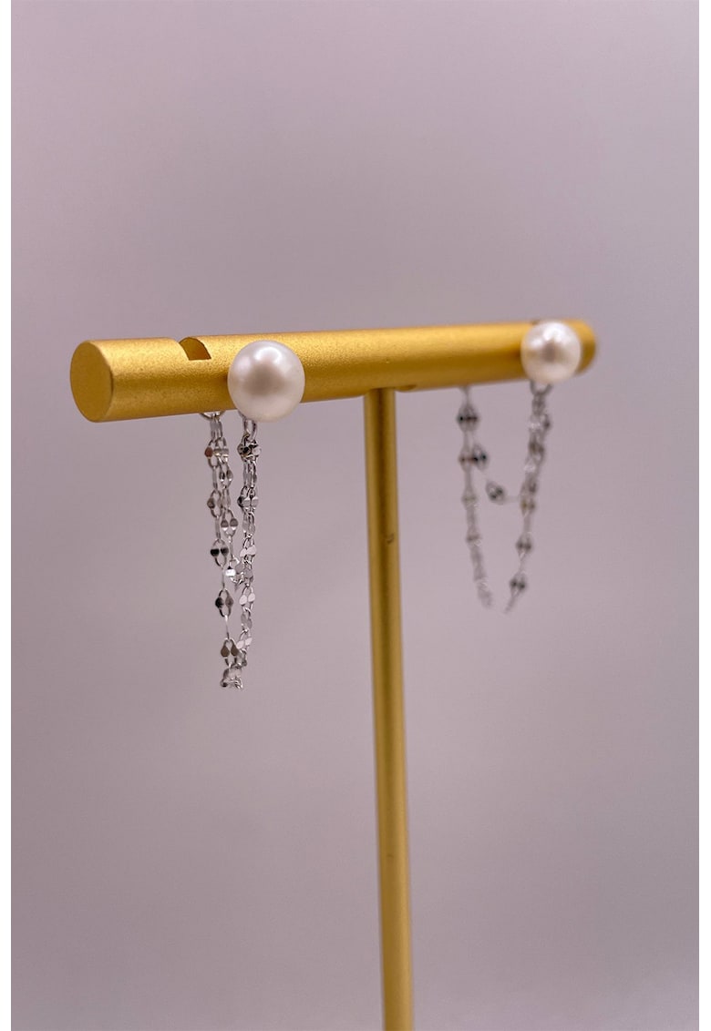 Cercei cu model dublu si perle de cultura - Alb/Argintiu