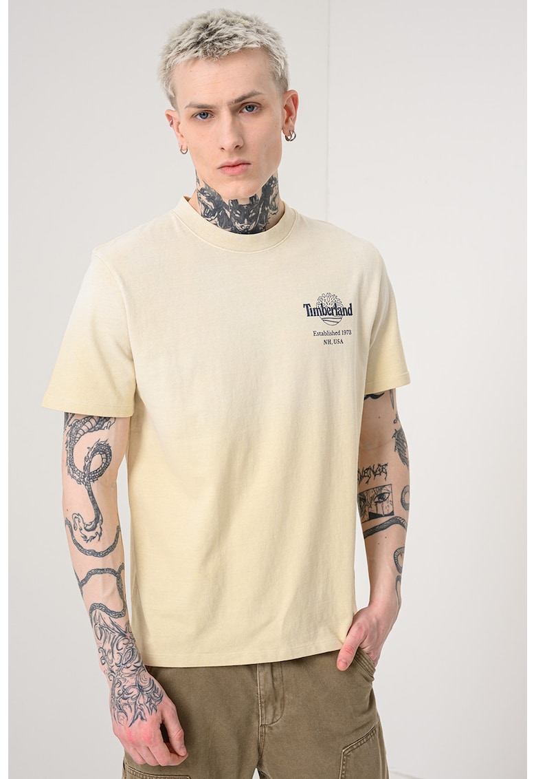 Tricou din bumbac cu decolteu la baza gatului si imprimeu - Bej deschis/Bleumarin
