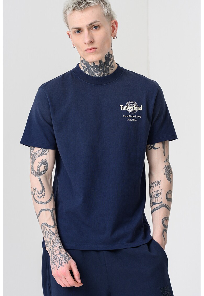 Tricou din bumbac cu decolteu la baza gatului si imprimeu - Bleumarin