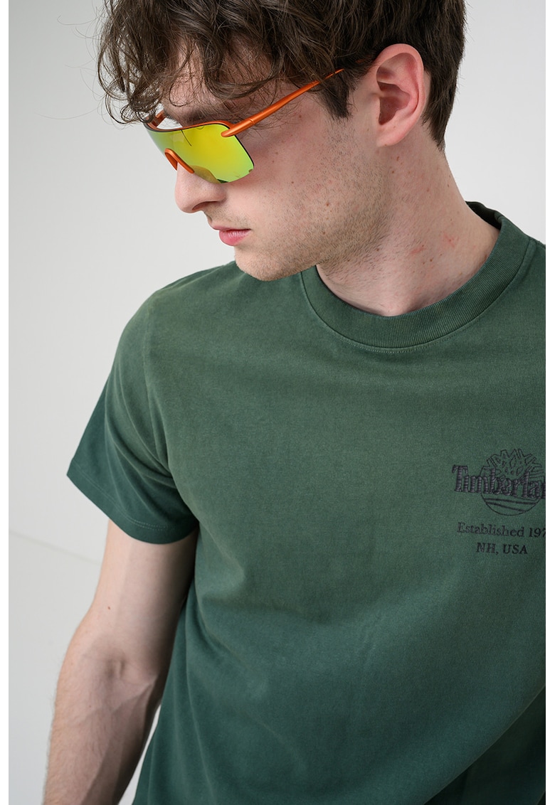 Tricou din bumbac cu decolteu la baza gatului si imprimeu - Verde englez