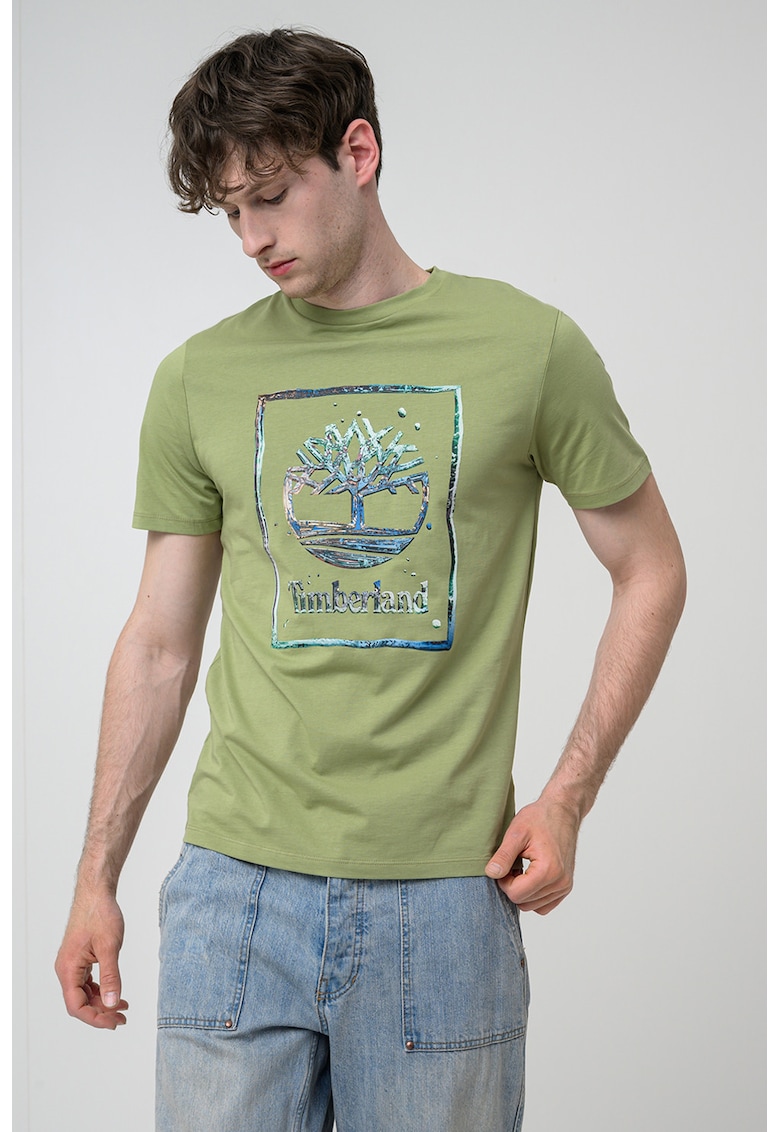 Tricou din bumbac cu imprimeu grafic si logo - Verde deschis