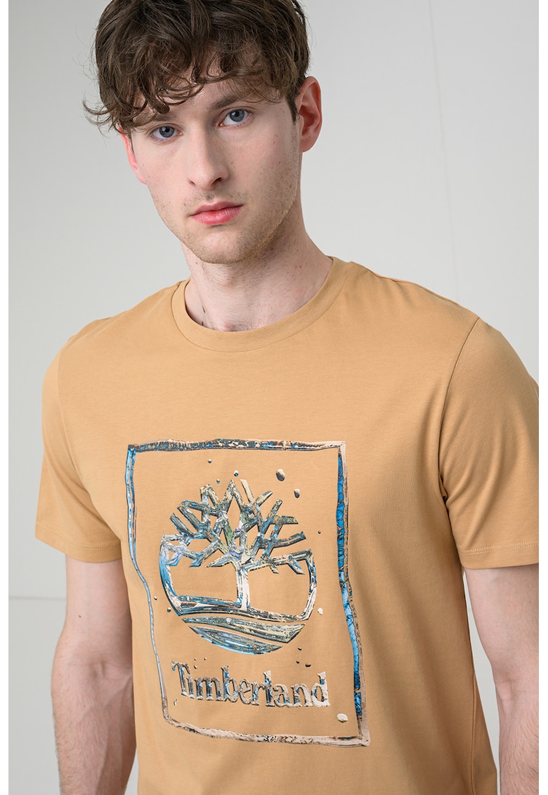 Tricou din bumbac cu imprimeu grafic si logo - Caramel