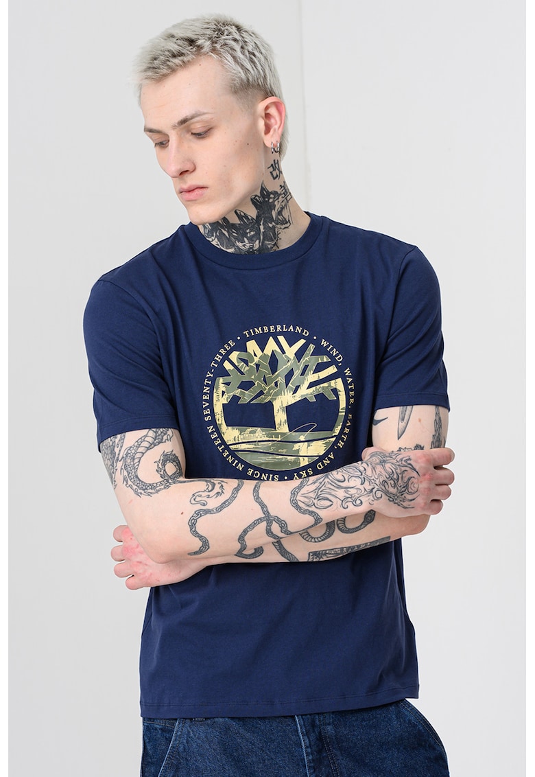Tricou cu decolteu la baza gatului si imprimeu - Galben/Bleumarin