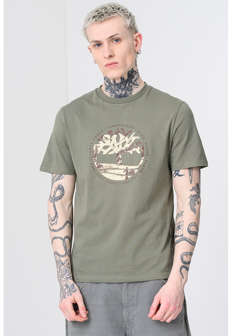 Tricou cu decolteu la baza gatului si imprimeu - Verde feriga