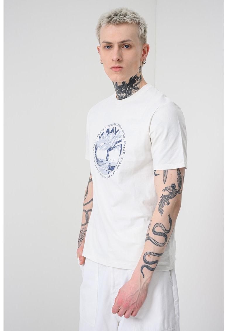 Tricou cu decolteu la baza gatului si imprimeu - Alb/Albastru inchis