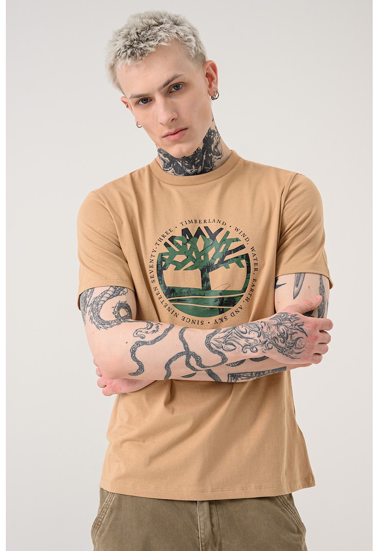 Tricou cu decolteu la baza gatului si imprimeu - Maro deschis