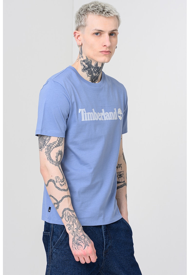 Tricou cu decolteu la baza gatului si imprimeu logo Linear - Albastru prafuit
