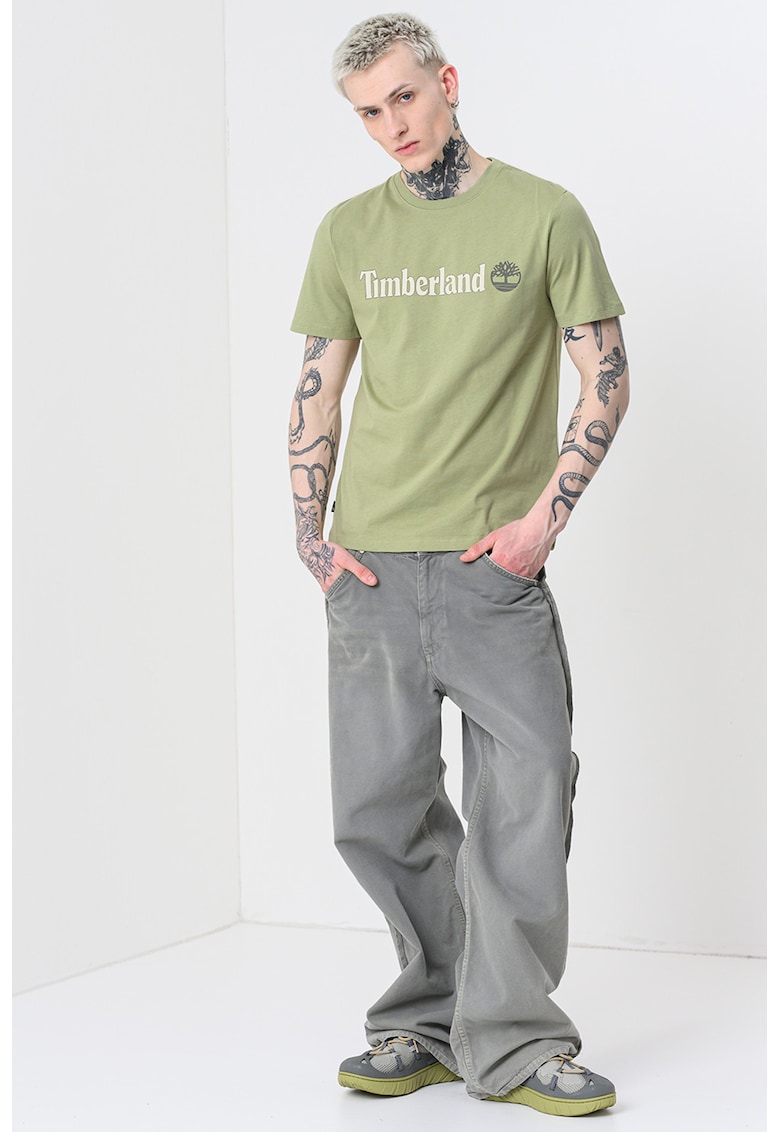 Tricou cu decolteu la baza gatului si imprimeu logo Linear - Verde fistic