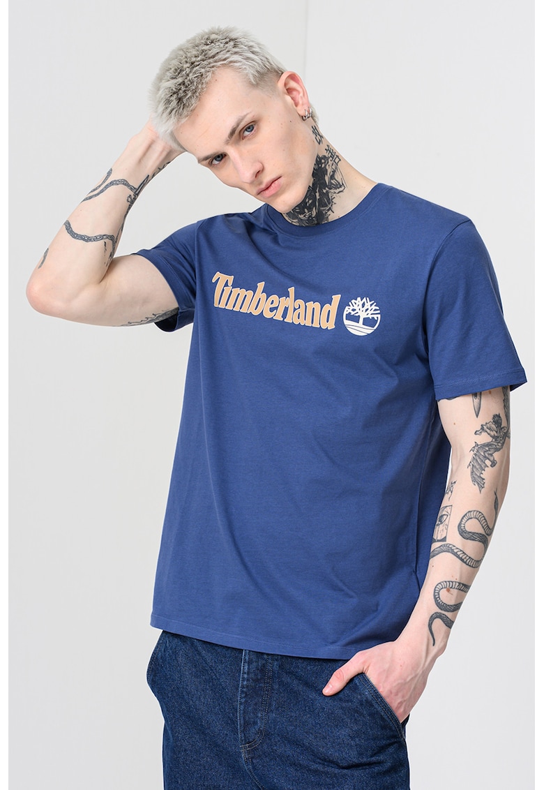 Tricou cu decolteu la baza gatului si imprimeu logo Linear - Albastru inchis/Maro deschis