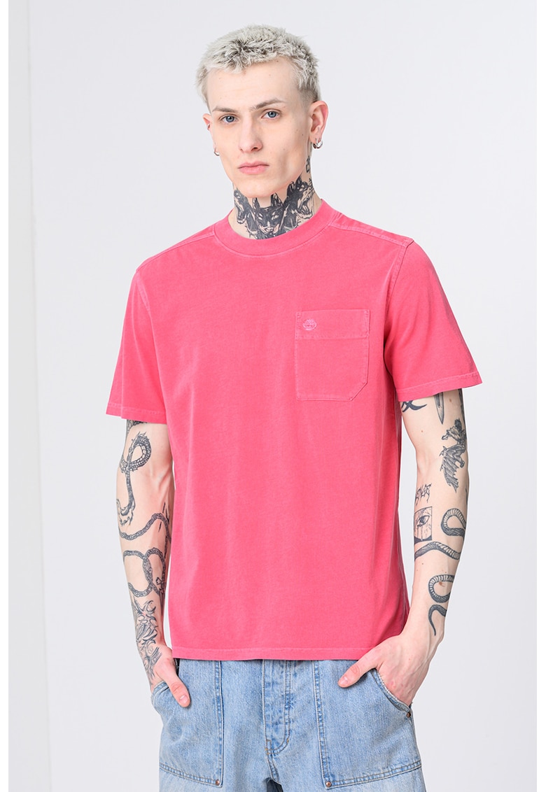 Tricou de bumbac cu decolteu la baza gatului - Coral
