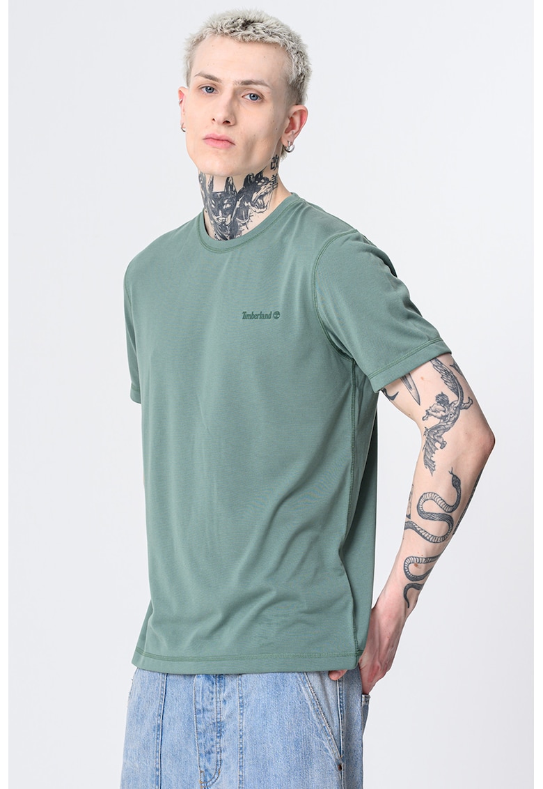 Tricou cu decolteu la baza gatului si detaliu logo - Verde