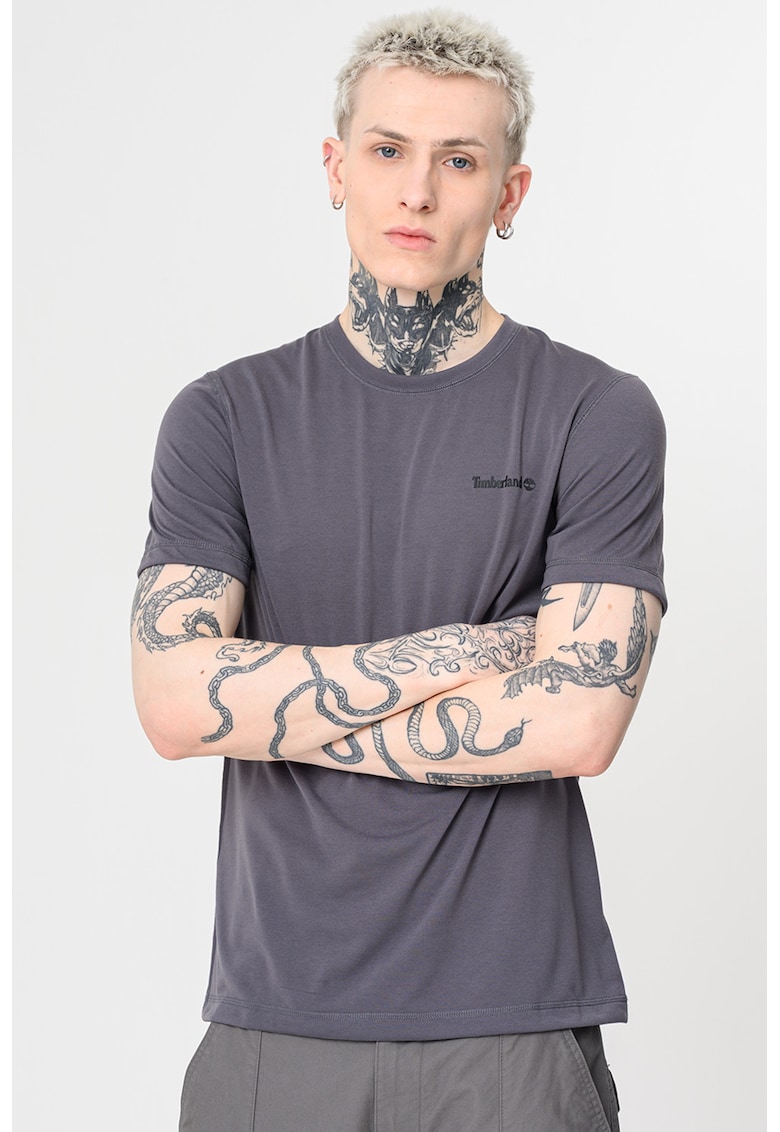 Tricou cu decolteu la baza gatului si detaliu logo - Gri inchis