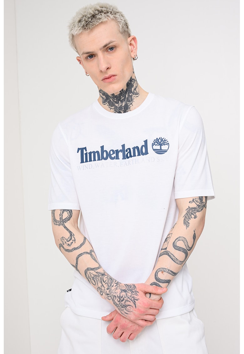 Tricou cu decolteu la baza gatului si imprimeu logo - Alb/Bleumarin